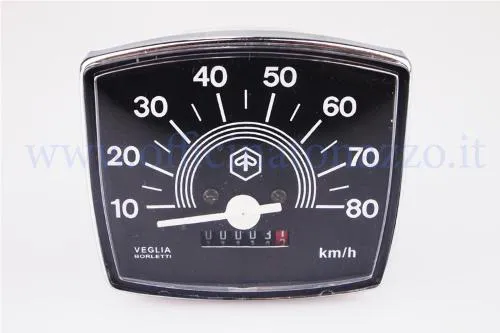 Contachilometri originale Piaggio per Vespa 50 Special ed Elestart: scala 80 km/h, quadrante nero 84x73 mm e attacco cavo 2,7 mm.