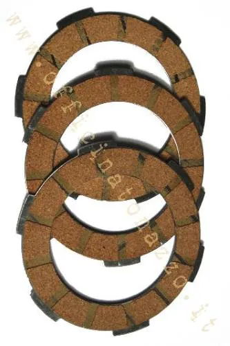 Set 3 dischi frizione in sughero per Vespa Smallframe 50, 90, Primavera ed ET3 compatibili. MPN 6710; dischi condotti non inclusi.