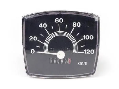 Contachilometri SIP 120 km/h per Vespa 50 Special ed Elestart: forma trapezoidale, quadrante nero, cifre bianche e attacco da 2,7 mm.