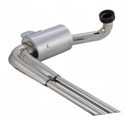 Marmitta Replica Sport SIP AB-VS5 in inox lucidato per Vespa 150 GS VS2T-VS5T, con doppio terminale e compatibilità con pneumatico largo.