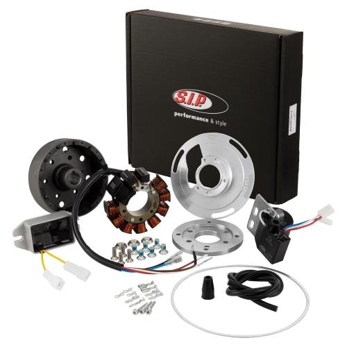 Ignition SIP PERFORMANCE by VAPE, Road, for Vespa 125 VN2 /150 VL/VB/ACMA,  flywheel ca.: 1250g, steel,  9 coils, 12 magnet, 12V, AC,  hole circle: 75mm,  110 watt, static ignition point,  Grade AA - for a first-class repair for tuned engines