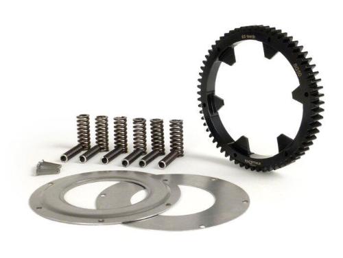 Ruota primaria BGM PRO Z63 a denti diritti per Vespa PX200 e Rally200, completa di kit parastrappi rinforzato con molle più rigide e piastre dedicate.