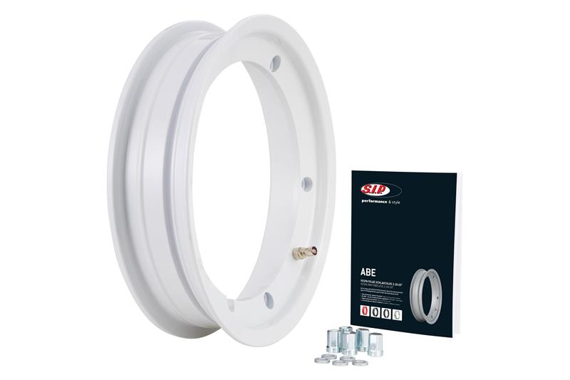 Jante Tubeless SIP 2.10x10", BLANCHE pour Vespa 50-125-150-200, Rally, PX, Sprint etc. (valve pré-assemblée et écrous inclus)