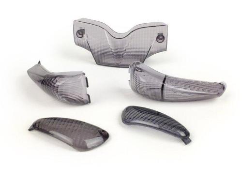 Kit BGM ORIGINAL K070190 con cinque gemme nere fumé per Gilera Runner fino al 2005: quattro indicatori di direzione e una lente posteriore coordinata.