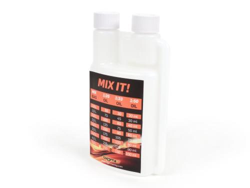 Bottiglia dosatrice BGM PRO 51405 in HDPE, capacità 250 ml, camera superiore graduata a 5 e 10 ml, collo stretto e due tappi a vite.