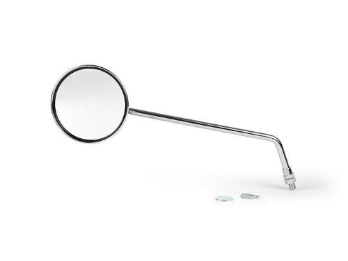Specchietto BGM PRO BGM5661CL sinistro cromato per Vespa classiche: testa Ø105 mm, superficie 95 mm, asta 250 mm e braccio Ø10 mm.