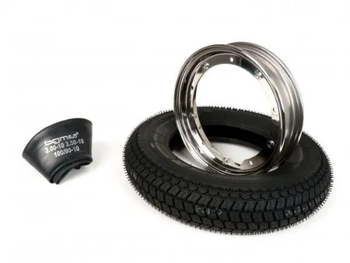 Kit pneumatico e cerchio ruota -BGM Classic, Vespa- 3.50 - 10 pollici TT 59P (rinforzato) - cerchio 2.10-10 acciaio inox, lucidato
