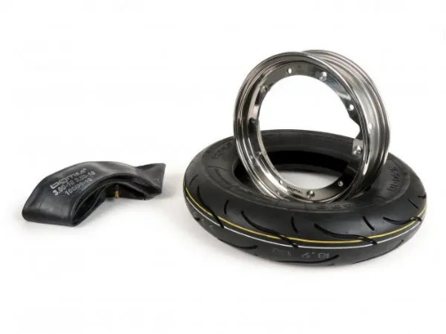 Kit pneumatico e cerchio ruota -BGM Sport, Vespa- 3.50 - 10 pollici TT 59S (rinforzato) - cerchio 2.10-10 acciaio inox, lucidato