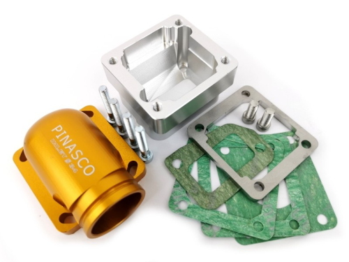 Collettore Pinasco 26530972 Gold Full CNC Ø34 mm per pacchi RD350, 8X o V-Force e carburatori PWK 34 su carter Slave Vespa Largeframe.