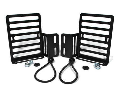 Coppia supporti MRP591 per bottiglia olio o tanica sullo scudo interno Vespa, destra e sinistra, acciaio nero verniciato a polvere.
