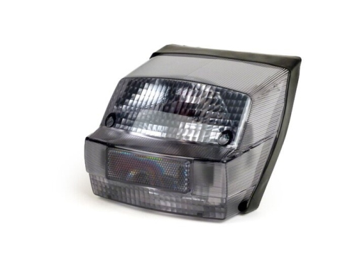 Fanale posteriore completo fumé nero MOTO NOSTRA 7675978 per Vespa P/PX prima serie fino al 1984, con lampadine, guarnizione e viti.
