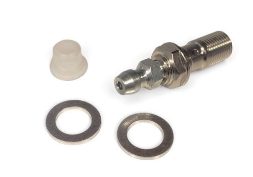 Vite raccordo con spurgo Crimaz DFR1021-AET3 M10×1, completa di guarnizioni in rame, per pinze e circuiti freno compatibili.