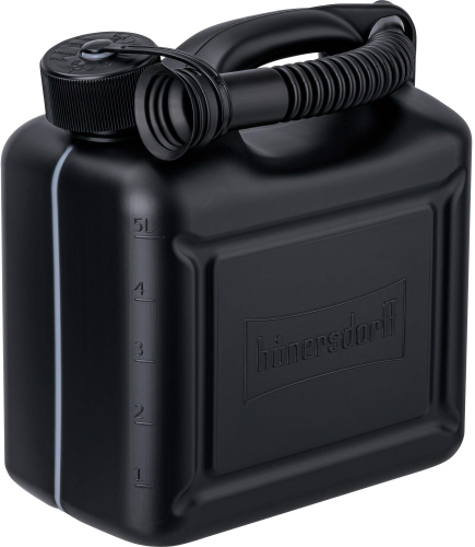 Tanica carburante HÜNERSDORFF Classic 90811900 da 5 litri in HDPE nero, con beccuccio e tappo vincolato, idonea anche per benzina E10; GTIN 4007228702293.