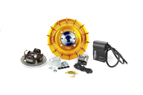 Flytech Racing Pinasco 26358846G: cono 20 mm, volano 1,35 kg, ventola CNC oro, anticipo variabile 12 V 90 W. Compatibilità e montaggio.