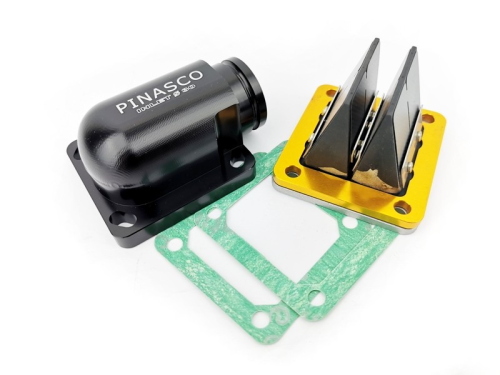 Pacco lamellare Pinasco Black 8X 26381151 con collettore Full CNC Ø30 mm, per supporti tipo RD350 e carter Pinasco Slave Vespa Largeframe.
