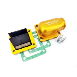Kit Pinasco 26381152 con collettore CNC Ø34 mm anodizzato oro e pacco 8X tipo RD350 per carter Slave e carburatori PWK 34.