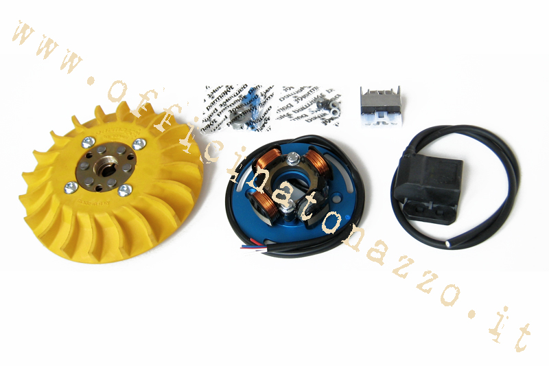 Parmakit ignition with variable advance cone 20 - 1,5 kg with flywheel machined from solid for Vespa PX 125/150/200 - PE200 - Rally 200 with Ducati ignition (yellow fan)