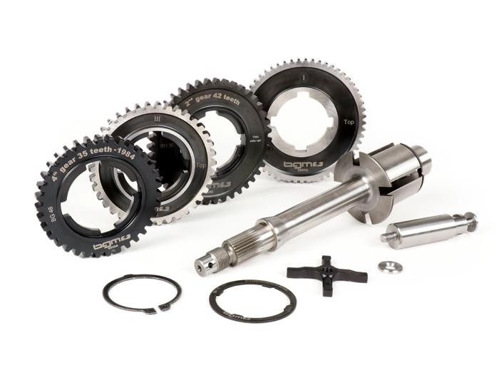 Gearbox gears (including main shaft gear) -BGM PRO- Vespa PX PE (-1984) - PX125 (VNX1T, 146314-VNX2T, 232052), PX150 (VLX1T 264565-624601), PX200 (VSX1T, -315266), Rally180 (VSD1T), Rally200 (VSE1T) - 12/57, 13/42, 17/38, 21/35 teeth
