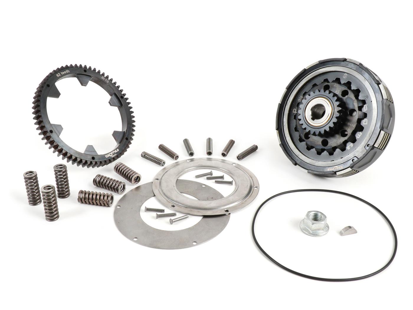 Clutch kit incl. primary transmission pair 23 63 -BGM Pro Superstrong 2.0 CR80 Ultralube, type Cosa2/FL- BGM Pro elastic gear 62 teeth (straight) - Vespa PX80, PX125, PX150, PX200, Cosa, T5, Sprint150 Veloce, Rally, GTR, TS125, Super150 (VBC) -