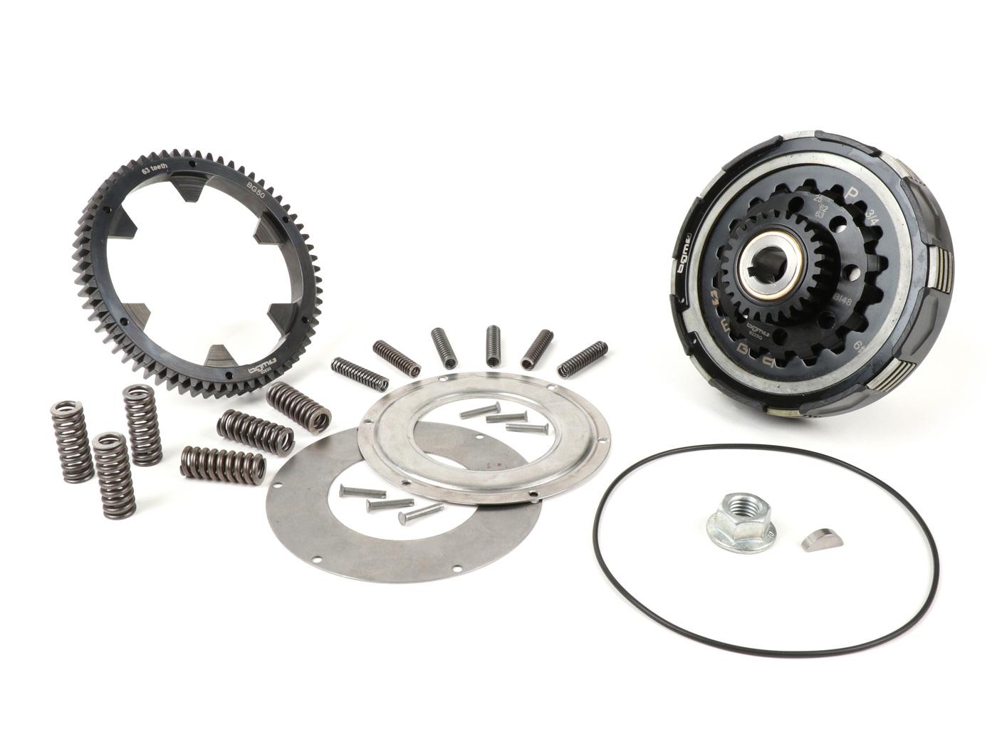 Clutch kit incl. primary transmission pair -BGM Pro Superstrong 2.0 CR80 Ultralube, type Cosa2 / FL- elastic gear BGM Pro 63 teeth (straight) - Vespa PX80, PX125, PX150, PX200, Cosa, T5, Sprint150 Veloce, Rally, GTR, TS125, Super150 ( VBC) -