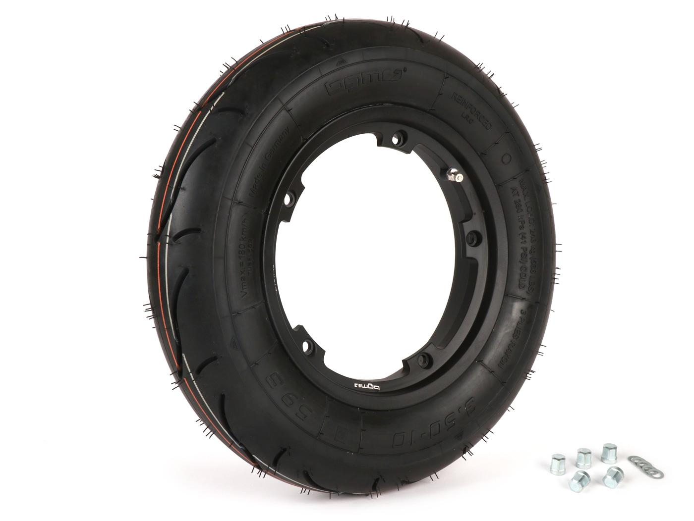 Kit de neumáticos y ruedas -BGM Sport, tubeless, Vespa- 3.50 - 10 pulgadas TL 59S (reforzado) - Llanta 2.10-10 negra