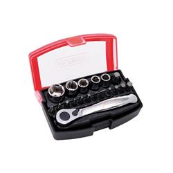 E06096 - CASE COMPLETE WITH RATCHET WITH INSERTS AND BUSHES 19 PIECES KRAVM