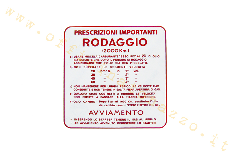 Adesivo Vespa "Rodaggio 2%" - 4 marce rosso