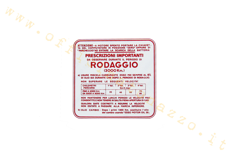 ST0558 - Vespa sticker "Rodaggio 6%" - 4 speeds, red