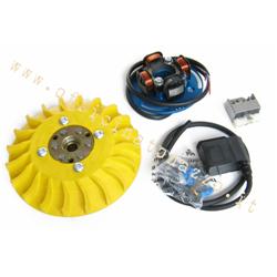 Ignition Parmakit variable advance cone 57010.22.00 - 20 kg with flywheel machined from solid for Vespa PX 1,0/125/150 - PE200 (yellow fan)
