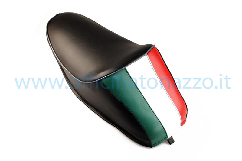 P0010T - Einsitziger schwarzer Federsitz mit dreifarbigem Buckel, italienischer Flagge, Vespa 50 R - 50 Special