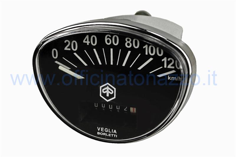 Cuentakilómetros, escala 120km / h, negro con marco original Piaggio Vespa Primavera - ET3 - Rally cromado