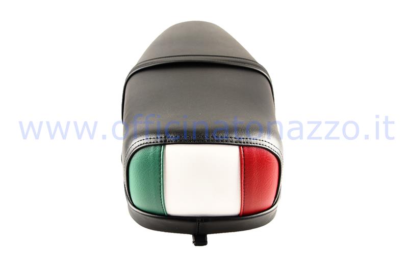 P0040T - Black spring two-seater saddle without lock with Italian flag, Vespa 50 R - 50 Special - ET3 - Primavera