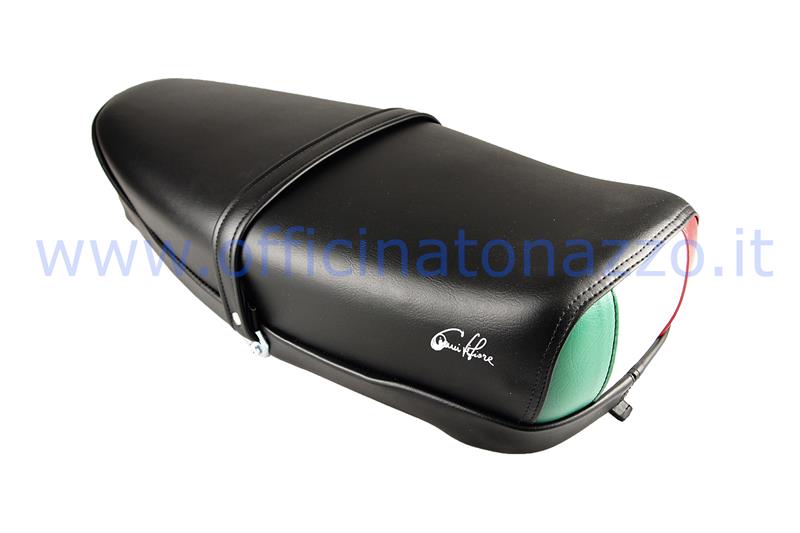 P0040T - Black spring two-seater saddle without lock with Italian flag, Vespa 50 R - 50 Special - ET3 - Primavera