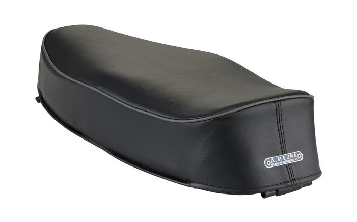 Seat for Vespa 50SS / 90SS black, welt dark gray, without lock, with seat strap (contrary opening)