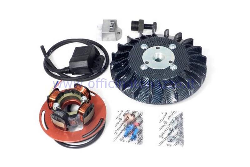 57066.22 - Parmakit ignition with variable advance cone 20 - 2,2 kg with flywheel machined from solid for Vespa PX 125/150/200 - PE200 - Rally 200 with Ducati ignition (carbon look fan)