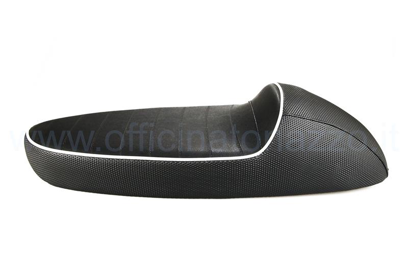 Modelo de carrera de asiento individual en ABS negro con palanca de apertura, recubierto en doble cielo con borde blanco para Vespa 50 - Primavera - ET3