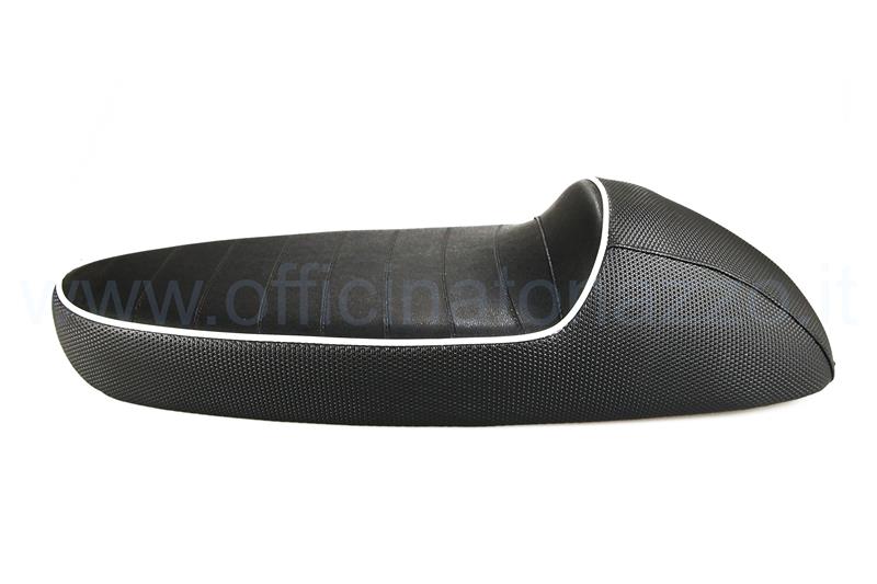 Sella monoposto modello corsa in ABS nero con levetta di apertura, rivestita in doppio sky con bordino bianco per Vespa 50 - Primavera - ET3