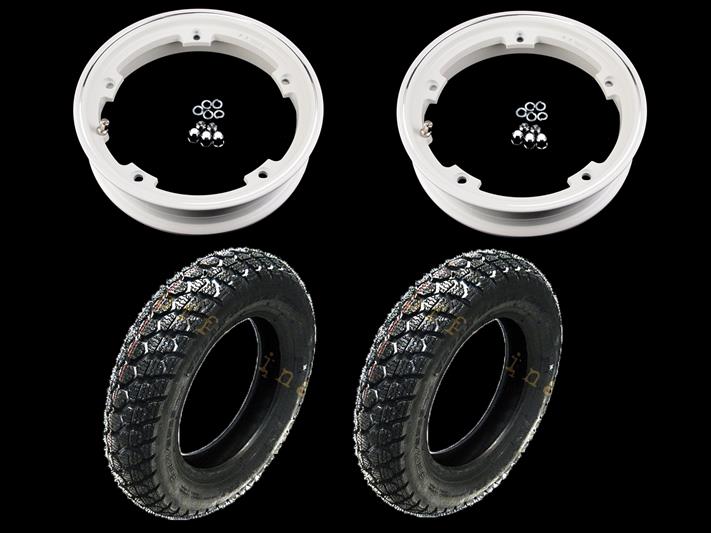 - Pair of pre-mounted wheels complete with 2.10x10 white tubeless rim with IRC tubeless 3.50 x 10 winter tire - 59J M + S