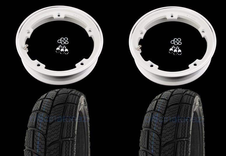- Coppia ruote già montate complete di cerchio tubeless 2.10x10 bianco con pneumatico invernale Kenda K701 tubeless 3.00 x 10 - 47L M+S