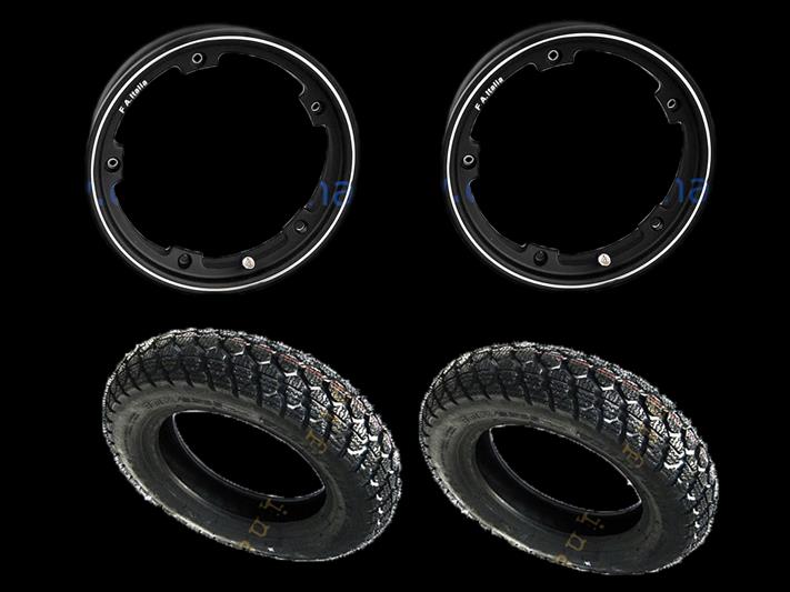 - Paar vormontierte Räder mit schwarzer Tubeless-Felge 2.10x10 und schlauchlosem IRC-Winterreifen 3.50 x 10 - 59J M + S.
