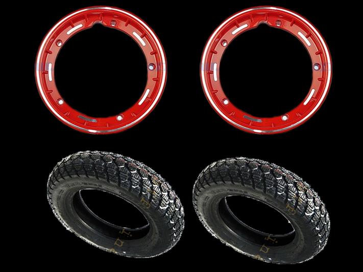 - Coppia ruote già montate complete di cerchio tubeless 2.10x10 rosso con pneumatico invernale IRC tubeless 3.50 x 10 - 59J M+S