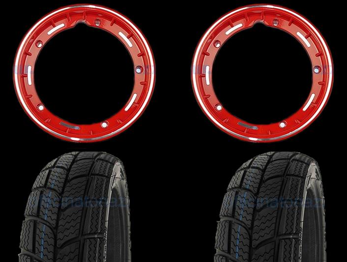 Couple de roues déjà équipé complet avec jante tubeless 2.10x10 pneu d'hiver rouge avec tubeless Kenda K701 3:00 x 10 - 47L M + S