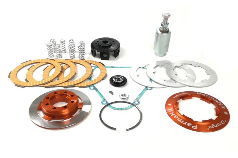 Embrayage complet Parmakit Challenger orange, 8 ressorts, 4 disques frittés, équilibré pour Vespa 50 - Primavera - ET3 - PK