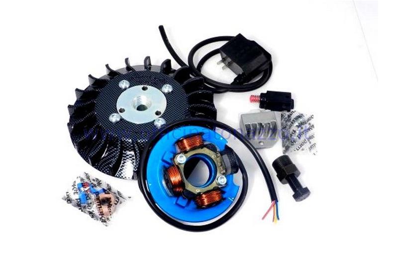 57098.22 - Parmakit ignition with variable advance cone 19 - 1.0 kg with flywheel machined from solid for Vespa 50 - ET3 - Primavera - PK (carbon look fan)