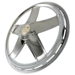 Tappo mozzo PIAGGIO "Ferrarina 50s", per cerchio da 10", aperto, per Vespa 50-125/PV/ET3/PK/S/XL /XL2/125 GT-TS/150 GL/GS VS5T/Sprint/V/T4/Rally/PX/PE /Lusso/T5/LML Star/DLX /Deluxe 2T/4T cromato, 5 razze, con stemma Vespa