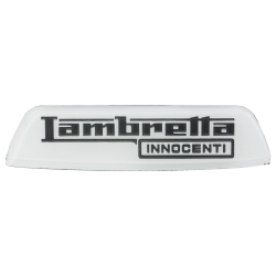 Badge "Lambretta INNOCENTI", posteriore, per Lambretta 125 LI 3Â° ('68-)/LIS/150 LI 3Â° ('68-) /LIS/SX/200 SX bianco/nero, 150x38 mm