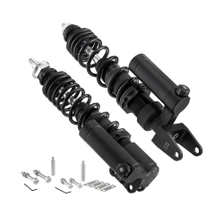 Shock Absorber Kit SIP PERFORMANCE 2.0 RACE front & rear for Vespa P80-150X/P200E /PX80-200E/Lusso/'98/MY/'11 /T5, body: matt black, spring: black,  l 240/340 mm, stiffness: M, 70 /150 LB,   compression stroke: 9-times,  spring pre-load: adjustable,  rebo