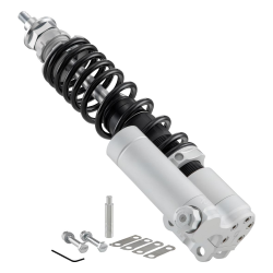 Shock Absorber SIP PERFORMANCE  2.0 RACE front for Vespa P80 -150X/P200E/PX80-200E/Lusso /'98/MY/'11/T5, body: silver matt, spring: black,  l 240 mm, stiffness: M, 70 LB,  compression stroke: 12 settings, spring pre-load: adjustable, rebound adjustment: 2