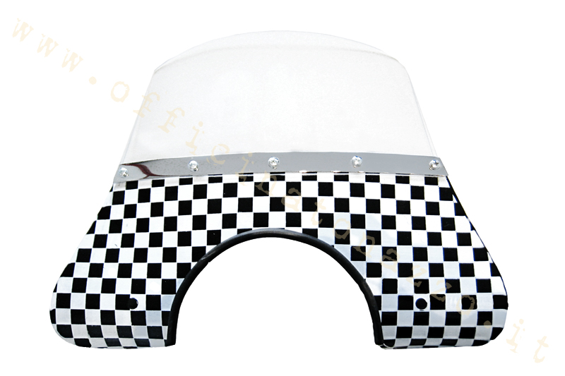 Miniparabrezza Cuppini serigrafato a scacchi completo di attacchi per Vespa PX  (mis.33cm alt. 43cm larg.)