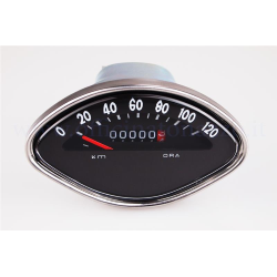 Tachometer mit 120 km/h Skala, schwarz, für Vespa 180 SS, auch geeignet für Vespa 125 VBA/150 VBB/VGLA-B/GT/150GL/GS/Sprint/160 GS, Ø 112x69 mm